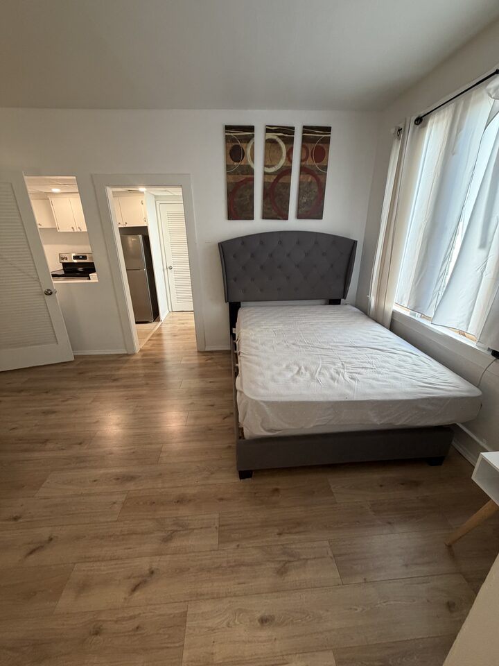 Bedroom with wood-look plank flooring and natural light