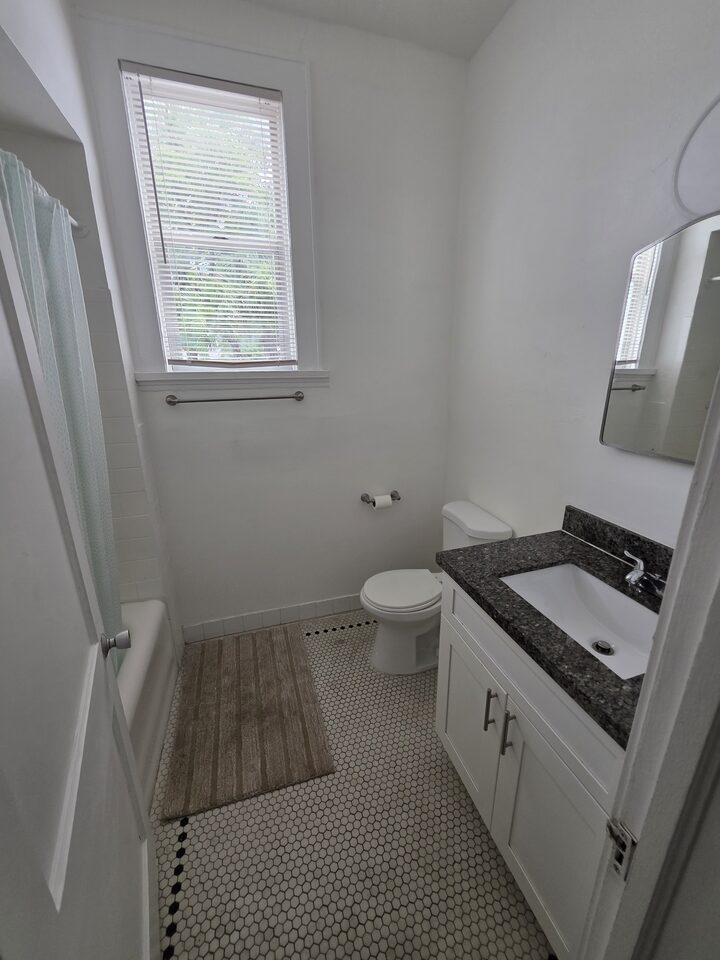 Bathroom with a white vanity under a dark granite top, a mirror, a window and a hexagonal mosaic tile floor