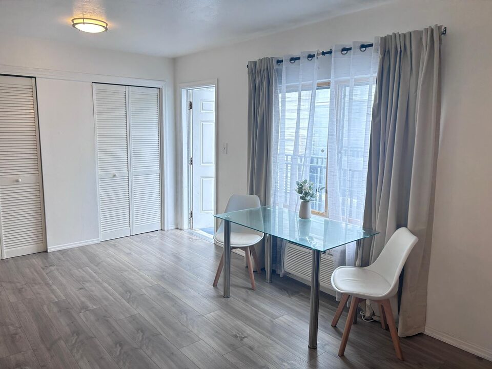Dining area with a glass table and two chairs beside the front door and closets
