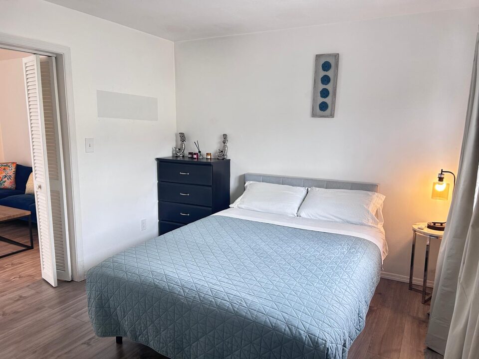 Bedroom with a queen bed, chest of drawers and bedside lamp