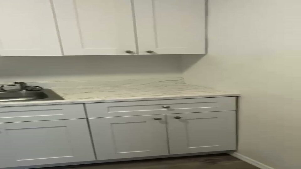 Kitchen with white shaker cabinets and a stainless steel sink