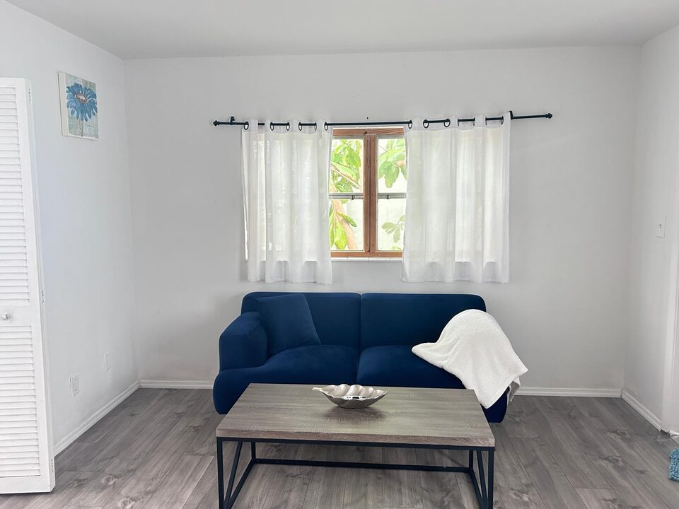 Living room with a navy sofa and a white throw beneath a curtained window, a wood-top coffee table with a metal bowl and a louvered closet door, on grey wood-look plank flooring