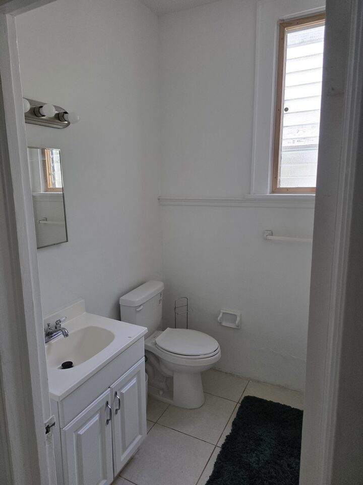 Bathroom with a white vanity, a mirror, a toilet and a window