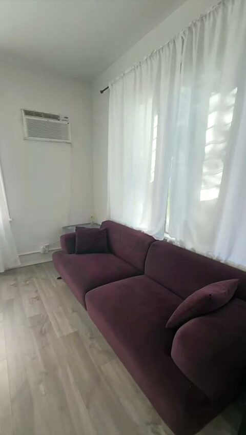 Living room with a plum velvet sofa along a wall of sheer-curtained windows, a wall air-conditioning unit and wood-look plank flooring