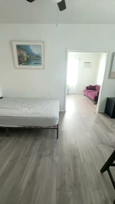 Bedroom with a bed frame and mattress, two framed prints, a ceiling fan and a doorway through to the living room