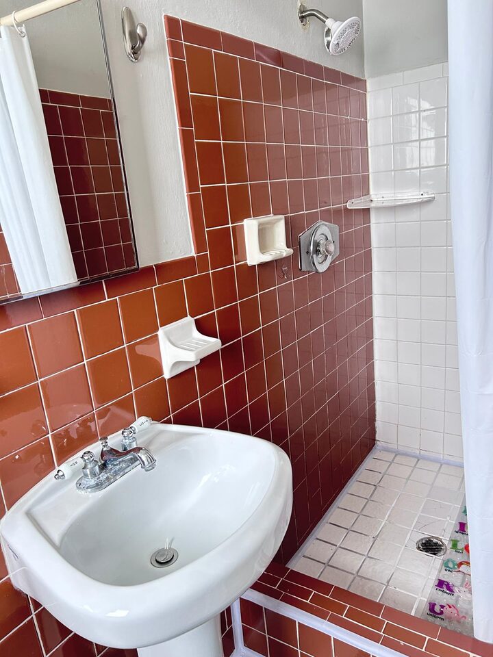 Bathroom with a pedestal sink, mirror and walk-in shower with terracotta tile