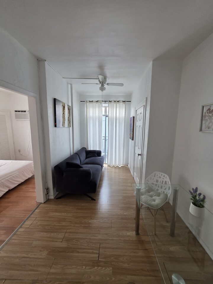 Living area with a charcoal sofa and a ceiling fan, looking toward a curtained door, with the bedroom to one side