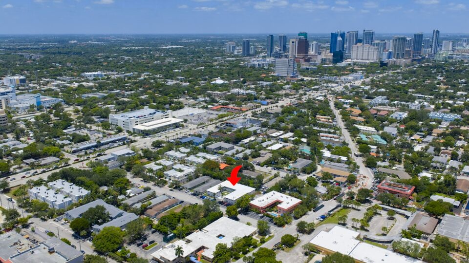Aerial view over Harbordale toward the downtown Fort Lauderdale skyline