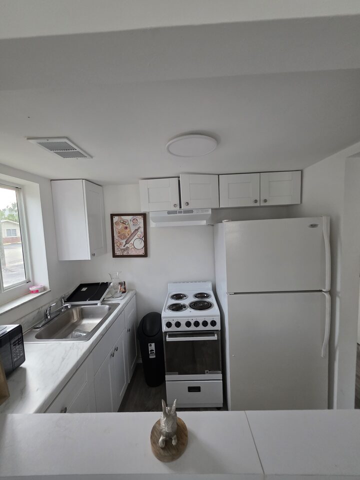 Kitchen with white shaker cabinets, a refrigerator, an electric range with an extractor hood and a stainless steel sink