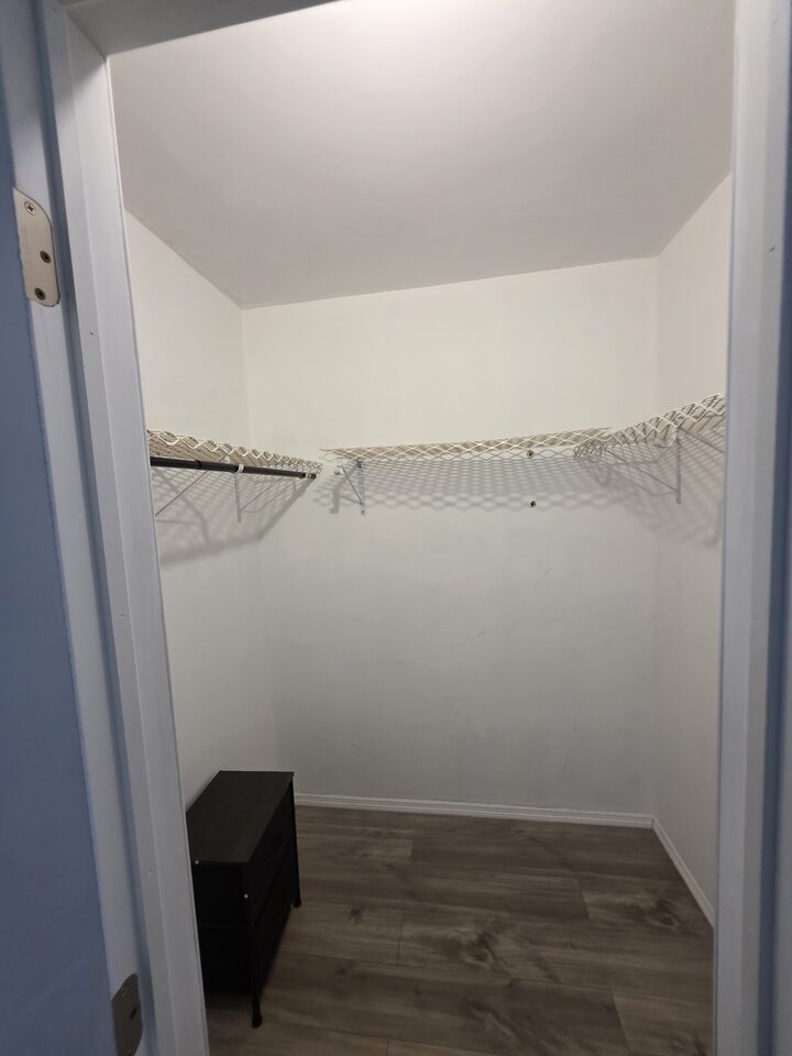 Walk-in closet with two hanging rails and shelving