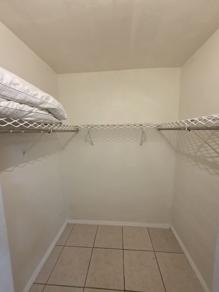 Walk-in closet with hanging rails and shelving