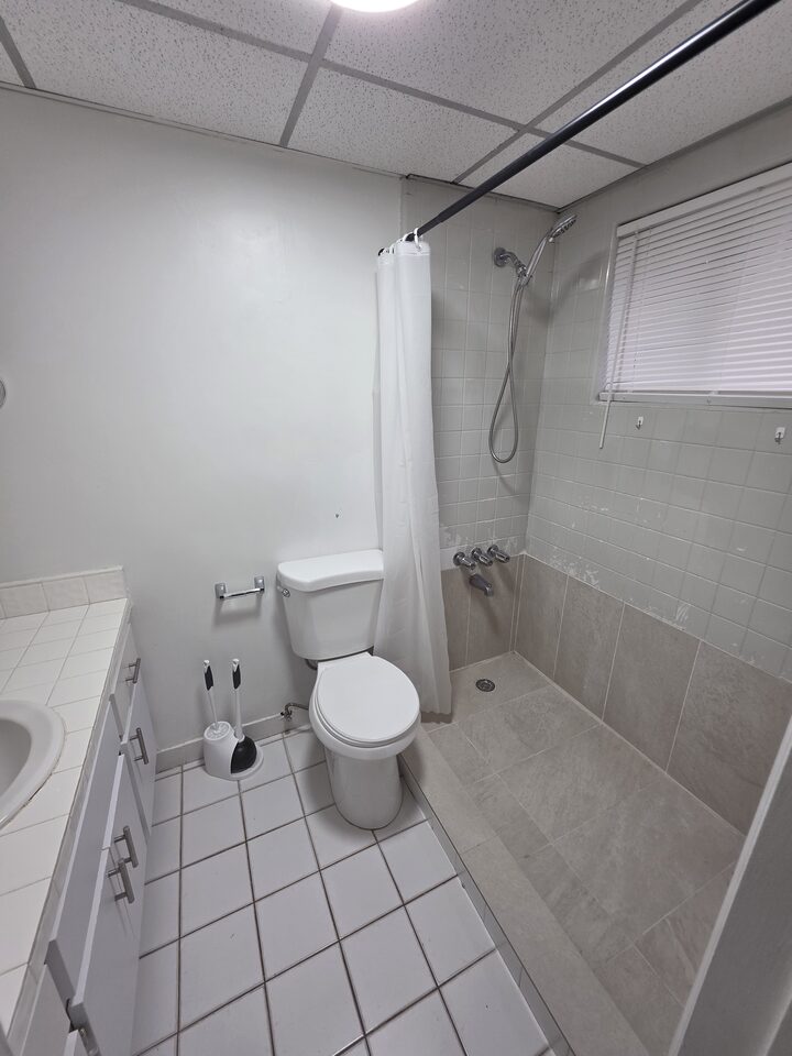 Bathroom tub with a shower over it and a tiled surround, beside the toilet and the vanity