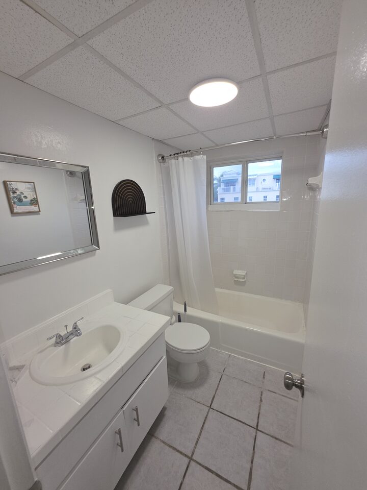 Bathroom with a white vanity, a mirror, a toilet and a tub behind a shower curtain, with a window above