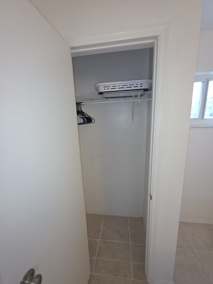Closet with a hanging rail, hangers and a shelf above