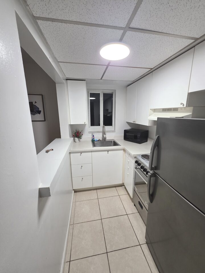 Galley kitchen with white cabinets, a stainless steel sink under the window, an electric range beneath an extractor hood, a microwave and a stainless steel refrigerator