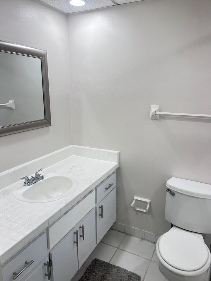 Bathroom with a tiled vanity, framed mirror and toilet