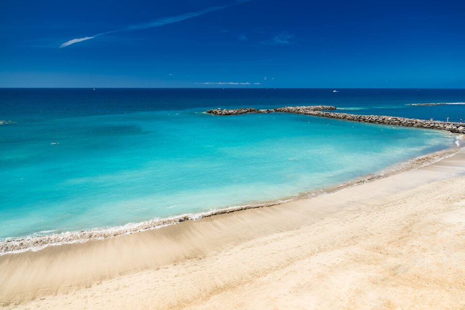 Ocean water meeting a sandy beach on a sunny day